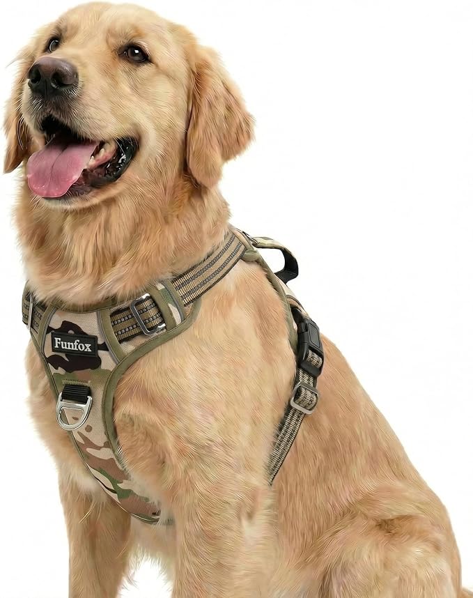 Dog Harness No Pull, Adjustable Pet Vest Harness, Super Soft Material with Vertical Handle Easy Control, Reflective Night Walking, 2 Leash Clips for Large Dogs, Camo Green, L by MyFUNFOX