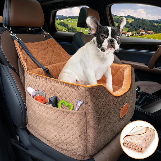AlfaTok Memory Foam Booster Dog Car Seat with Washable Removable Cover, Elevated Pet Car Seat, Anti-Slip Sturdy Booster Seats for Small Dogs 35lbs, Seat Belt, Storage Pocket, Dog Blankets by AlfaTok