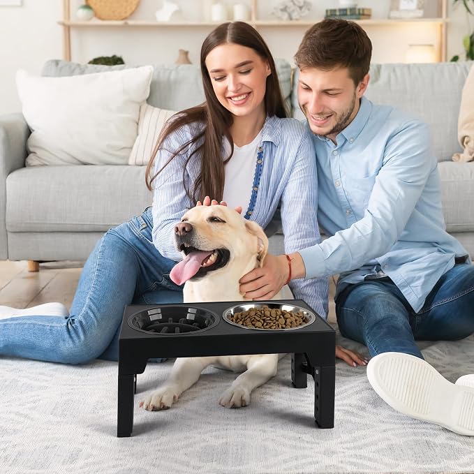 PAWISE Elevated Dog Bowls, 5 Height Adjustable Raised Dog Bowl Stand with 1 Slow Feeder Bowl & 2 Stainless Steel Bowls, Non-Slip Dog Feeding Station for Large, Medium, Small Dogs and Cats, Black - Image 8