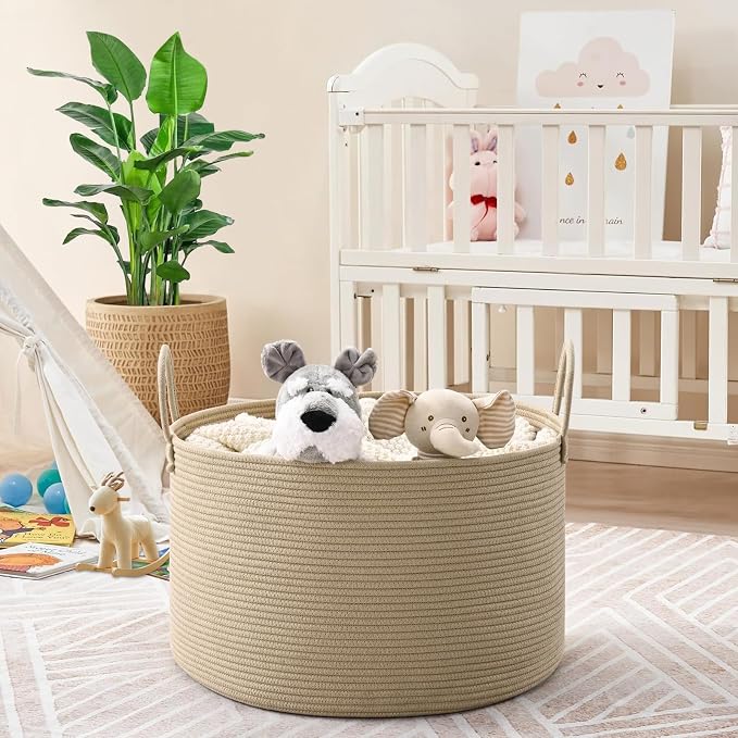 67L Large Woven Blanket Basket, Cotton Rope Baby Laundry Hamper with Handles, Kids Toy Basket for Classroom & Nursery, Soft Round Stuffed Animal Storage, Dog Toy Bin - 20"x13", Brown - Image 6