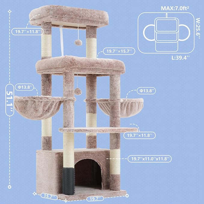 Hey-brother Cat Tree Tower with Extra Large Platform, Big Condo, MPJ070MU | 51.1 Inches Scratching Posts with 2 Cozy Hammocks, Self-Grooming Brush for Indoor Adult Cats, Maine Coon, Muchroom - Image 2