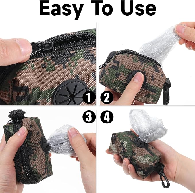 Poop Bag Holder for Leash, Large Opening Soft Fabric Doggy Waste Bag Dispenser with Zipper Camouflage Pattern Pouch for Easy Pull Out, Pet Poop Carrier with Clip for Retractable Leash Walking - Image 5
