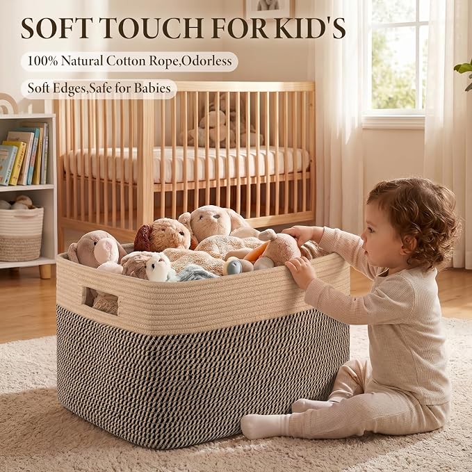 75L Large Cotton Rope Basket, Soft Toy Storage Bin for Nursery & Living Room, Decorative Blanket Basket for Bedroom, Baby-Safe Organizer for Pillows &Laundry, 22''×17''×12'', Brown & Black - Image 5
