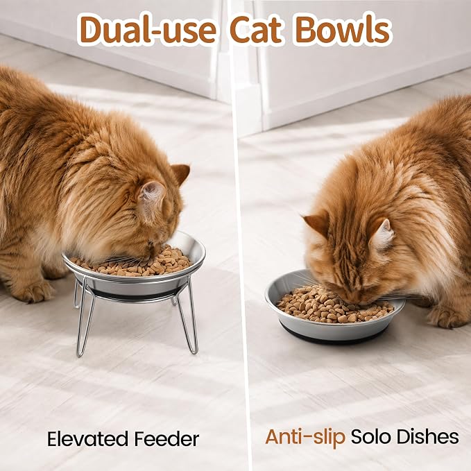 WROSWT Elevated Cat Bowls, 304 Stainless Steel Raised Cat Food Bowl, Wide Shallow Anti-Vomiting Cat Dish for Whisker Fatigue Relief, Non-Slip Silicone Base Dishes for Solo Use, 2 Set - Image 2