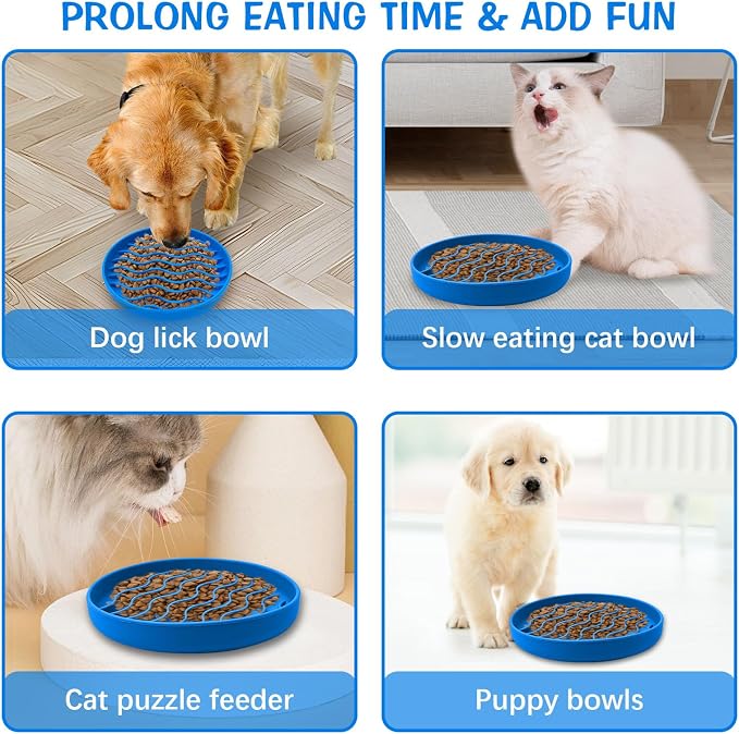 Fhiny Slow Feeder Dog Bowl Non-Slip Silicone - Blue Pet Food Dish for Fast Eaters, Dishwasher Safe - Image 6