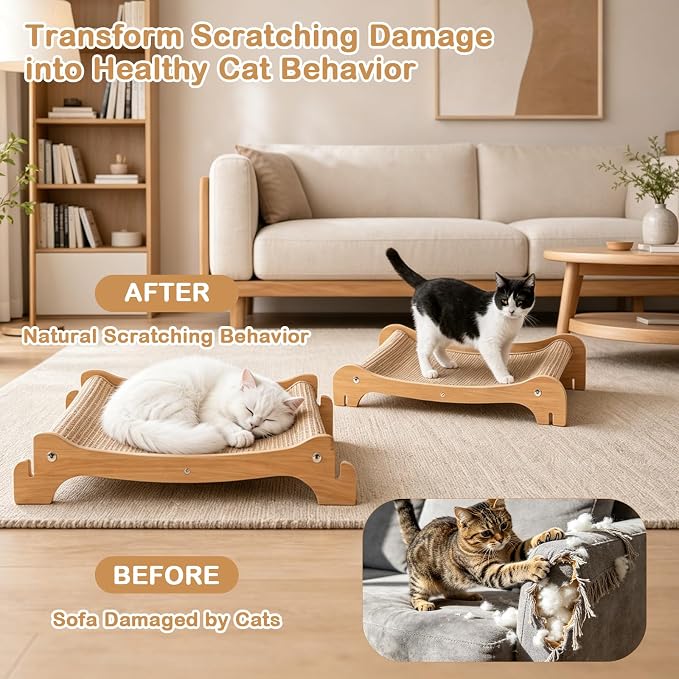 Two-Tier Sisal Cat Scratcher Bed, Solid Cats Scratching Post Hammock Lounge for Indoor Cats, Comfortable Cat Bed Natural Sisal Scratch Pad for Cats Scratcher Lounge, Sturdy Wooden Cat Furniture - Image 2