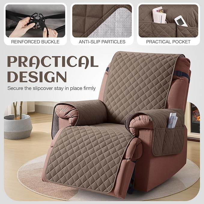 KinCam 100% Waterproof Recliner Chair Covers Washable, 23.6", Brown | Anti Slip Reclining Couch Covers for Pets Dog, Recliner Sofa Slipcover Storage Pocket, Furniture Protector with Elastic Strap - Image 5