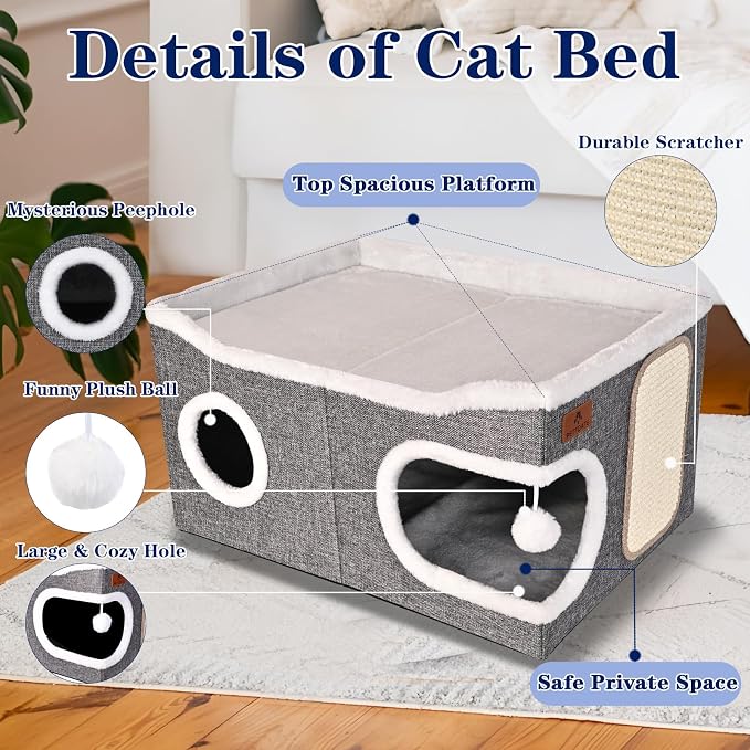 Extra Large Cat Beds for Indoor Cats, Covered Cat Cave Beds & Furniture with Scratch Pad and Fluffy Ball, Foldable Cat Condo Hideaway with Reversible Cushion for Multi Small Pet Large Kittens, Grey - Image 7