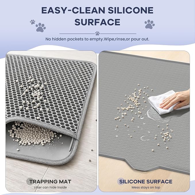 Cat Litter Mat, XL 47 x 37 in Extra Large Silicone Litter Box Mat | Gray, Silicone rubber, Water-resistant, Easy pour-out front notch, Raised lip, Grippy backing, Rinses clean - Image 3