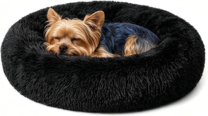 Calming Donut Dog and Cat Bed for Indoor Cats, Anti-Anxiety Round Fluffy Soft Washable Small Pet Bed for Puppy and Kitten, Warming Comfortable Luxury Anti-Slip Waterproof Mute Base 20in Black by Homeuslynn