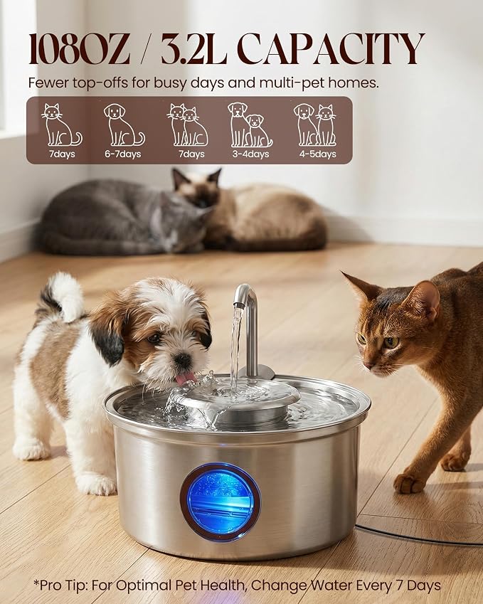 Hicuper Stainless Steel Cat Water Fountain with Bowl 108oz/3.2L | Removable Water Bowl,Water Level Window,Quiet Pump,Multi-Filter,Water Tap,3 Filters,for Dog Cats - Image 4
