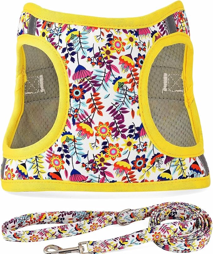 Step in Dog Harness Leash Set- All Weather Reflective No-Pull Floral Pattern Padded Mesh Vest Harness for Cats Puppy Extra-Small Small Medium Large Dogs - White Flower - XL by MOONPET