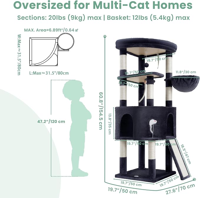 Cat Tree, 61 Inch Tall Cat Tower, Diamond-Shaped Cat Cave VCT001G | Cat Condo with Wide Top Perch & Basket, Sturdy Scratching Post, Interactive Toy for Large Indoor Cats, Smoky Gray - Image 6
