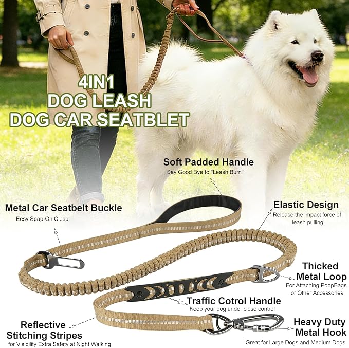 Dog Leash Heavy Duty, Bungee Leash Reflective Car Seat Belt for Dogs Khaki | 4-6FT Strong Shock Absorbing Tactical with 2 Padded Handles, Dog Tug Lead for L XL Dogs Walking Running Training - Image 3
