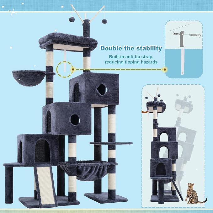 Hey-brother Cat Tree Tower with 3 Condos, Step Climbing Pathway MPJ081G | 74.8 Inches Scratching Post with 3 House, Hammock, Large Basket, Cozy Bed, Sisal Board, Toys for Big Indoor Cats, Smoky Gray - Image 7