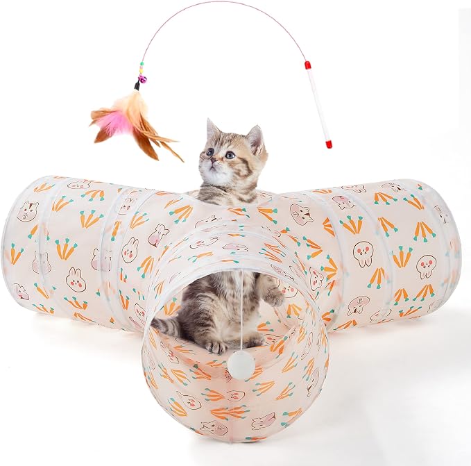 Tempcore Cat Tunnel for Indoor Cats, 3 Way Collapsible Pet Play Tunnel with Teaser Wand, Peek Holes & Hanging Ball, Interactive Tube for Kittens & Rabbits, Pink Rabbit by Tempcore