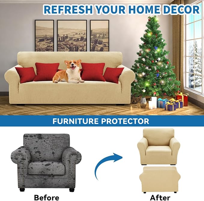 XINEAGE Stretch Jacquard Armchair Cover, Non Slip Sofa Slipcover for Dog | High-Stretch Fabric. Wear-Resistant, Pet Friendly. Easy Install & Washable for Living Rooms, Offices.Beige - Image 4