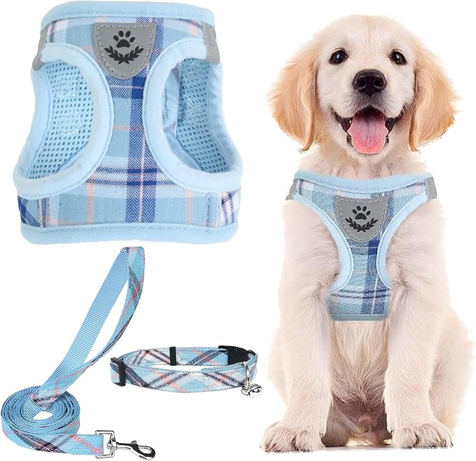 PUPTECK Dog Harness, Collar and Leash Set No Pull for Small Medium Sized | Plaid Puppy Step-in Escape Proof Reflective No Choke Pet Cat Adjustable Walking Vest by PUPTECK