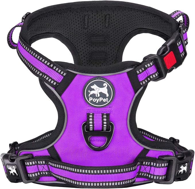 PoyPet Dog Harness Medium, No Pull Vest with Front/Back Clip & Neck Buckle | No Choke, Lockable, Reflective, 2 Lead Rings, Adjustable, Soft Padded Handle for Training Walking, M, Purple by PoyPet