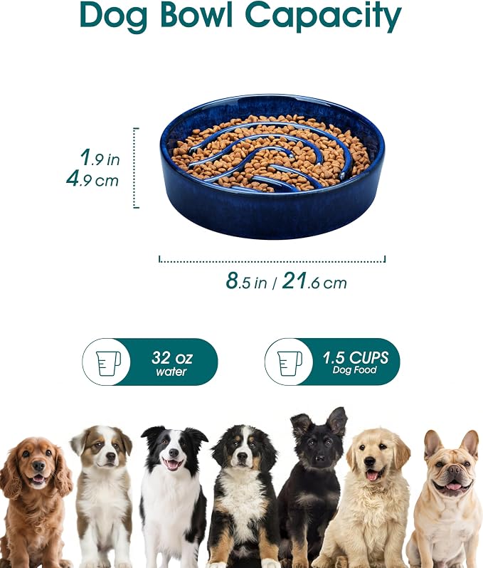 vancasso Slow Feeder Dog Bowl, 1.5 Cup Ceramic Slow Feeding Food Dish for Small and Medium Breed, Puzzle Dog Food Bowl for Fast Eater, Blue - Image 2