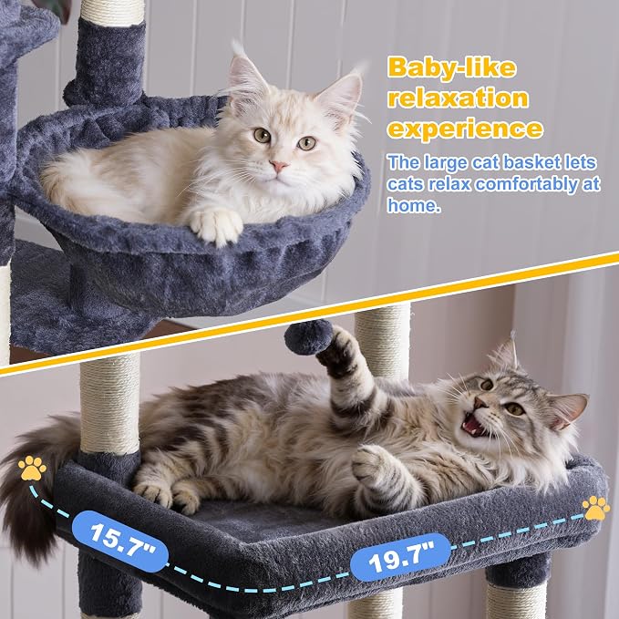 Hey-brother Cat Tree Tower with Multi-Level Platforms, Cozy Condos, MPJ085G | 71.5 Inches Cats House, Scratching Posts with 2 Hammocks, Scratch Board, 2 Plush Baskets for Multiple Indoor Cats, Smoky Gray - Image 3