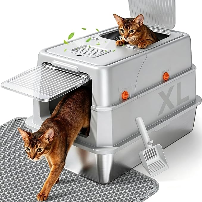 Q5 Stainless Steel Litter Box (Light Grey, X-Large) | Enclosed Litter Box with Leak-Resistant Design, High Sides, Front Entry and Top Exit; Odor Control, Scoop and Mat Included by KISENG