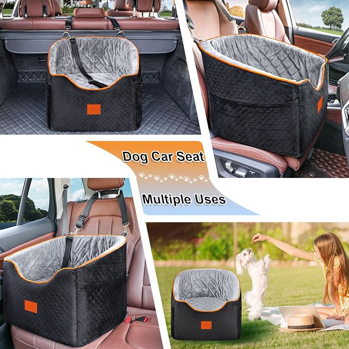 XIEEAOZEE Dog Car Seat for Small Dogs, Memory Foam Booster Dog Seat for Dogs up to 35 lbs, Elevated Pet Car Seat with Washable Removable Cover, Storage Pockets(Black/Gray) - Image 7