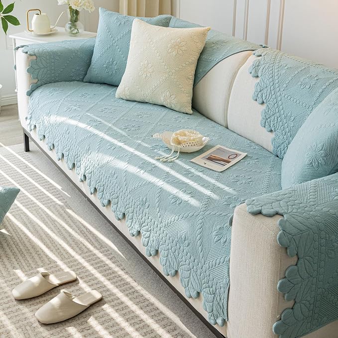 Cotton Quilted Dog Couch Cover for Sofa Farmhouse Rustic Embroidery Sectional Couch Cover Soft Anti-Slip Sofa Slipcover Furniture Protector for Kids, Pets (Blue,36"x63") - Image 4