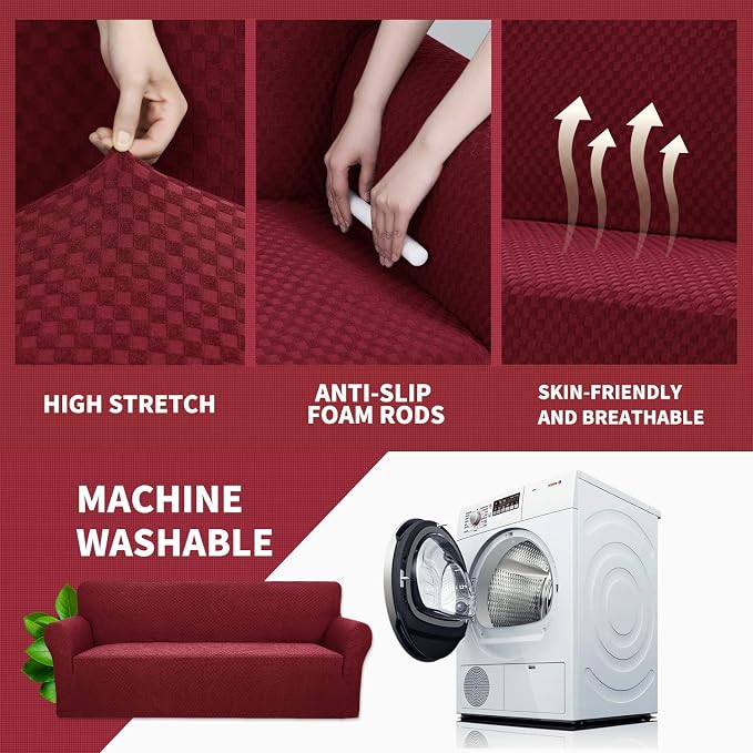 YEMYHOM Couch Cover Latest Jacquard Design High Stretch Sofa Covers for 3 Cushion Couch, Pet Dog Cat Proof Slipcover Non Slip Magic Elastic Furniture Protector (Sofa, Christmas Wine Red) - Image 4