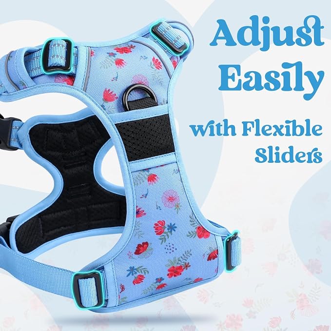 rabbitgoo Dog Harness for Large, Updated Easy On & Off with 3 Buckles | No Pull No Choke, Walking with 2 Clips and Handle, Adjustable Soft Reflective, Floral Blue, X-large - Image 3