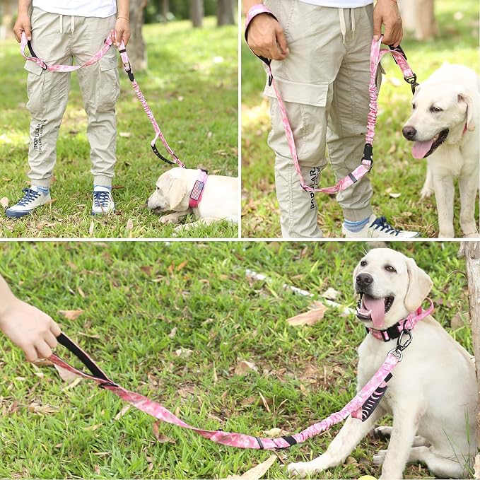 Hotsky Tactical Bungee Shock Absorbing No Pull Dog Leash,Pink Camo,4-6FT | Heavy Duty for Medium Large Dogs That Pull up to 660 lb,with Padded Double Handle ＆ Car Seatbelt,360°Rotating Locking Clasp - Image 9