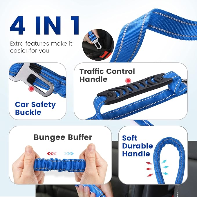 IOKHEIRA 6Ft /4Ft Dog Leash Rope for Large Dogs, Heavy Duty with Comfortable Padded Handle and Highly Reflective Threads,4-in-1 Multifunctional Dog Leashes with Car Seat Belt for Training (Blue) - Image 4