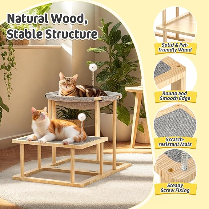Pawaboo Elevated Cat Hammock Bed, 2-Tier Cats Bed with 2 Teasers | Wooden Cats Furniture with Kitten Scratching Mat, Double Cat Beds Interactive Stair Shaped Pet Hammock for Indoor Climbing - Image 5