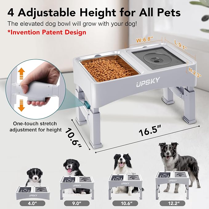 UPSKY 3-in-1 Elevated Dog Bowls Set with 4 Height Adjustable Stand, White | 304 Stainless Steel Bowl, No Spill Water Bowl, Slow Food Bowl, Anti-Slip, Dishwasher Safe, Suitable for Small Medium Dogs - Image 2