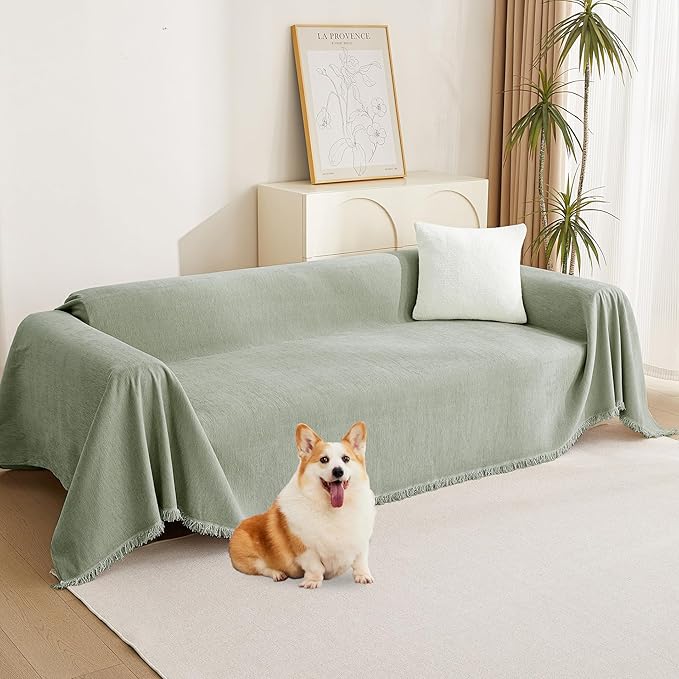 MYSKY HOME Green Sofa Covers Tassel Couch Cover for Pet Dogs Sage Couch Cushion Covers for L Shape Universal Chenille Sofa Throw Cover Washable Sectional Couch Covers for Living Room, 71" X102" by MYSKYHOME