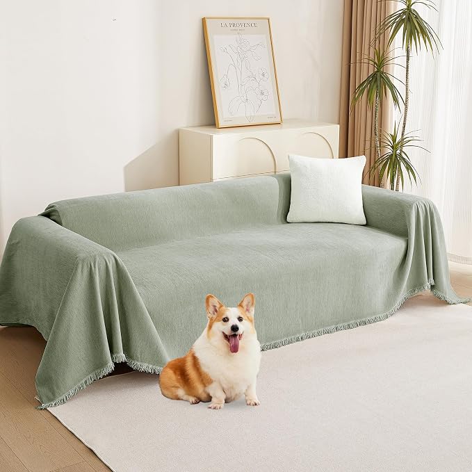 MYSKY HOME Sectional Couch Cover Blanket Living Room Furniture Protector for Pets, Farmhouse Home Decor Sofa Covers Tassel Chenielle Sofa Slipcover Soft Throw Couch for Dogs, 71" X 150", Sage Green by MYSKYHOME