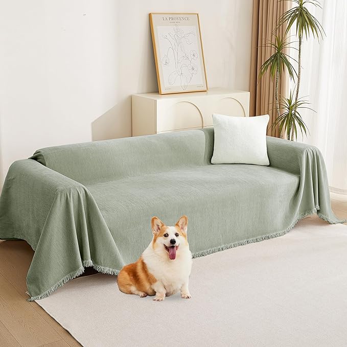 MYSKY HOME Chenille Sofa Slipcovers Sage Green Sofa Covers with Tassel Edge L Shaped Sectional Couch Covers for 3 Cushion Couch, Washable Thick Durable Furniture Protector for Dogs Kids 91"x 134" by MYSKYHOME