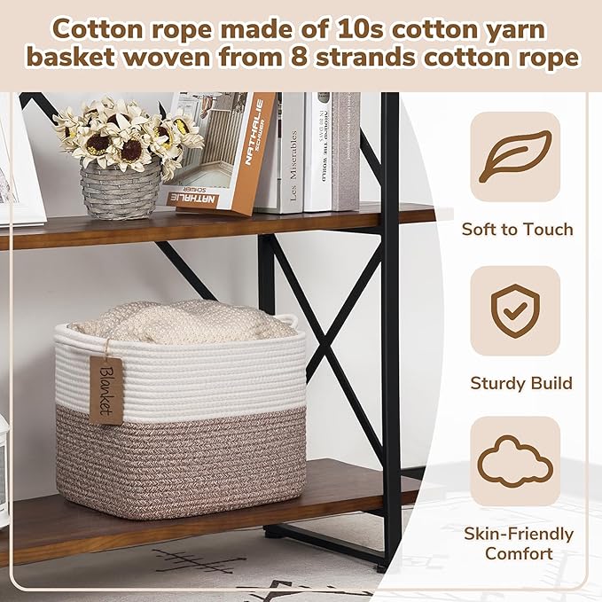 Goodpick Woven Rope Storage Basket for Shelves, Rectangle, Brown | 13" × 10" × 9" Stylish Gift Basket for Bedroom & Living Room Organization, Cotton Rope Baskets for Toys & Towels Storage - Image 4