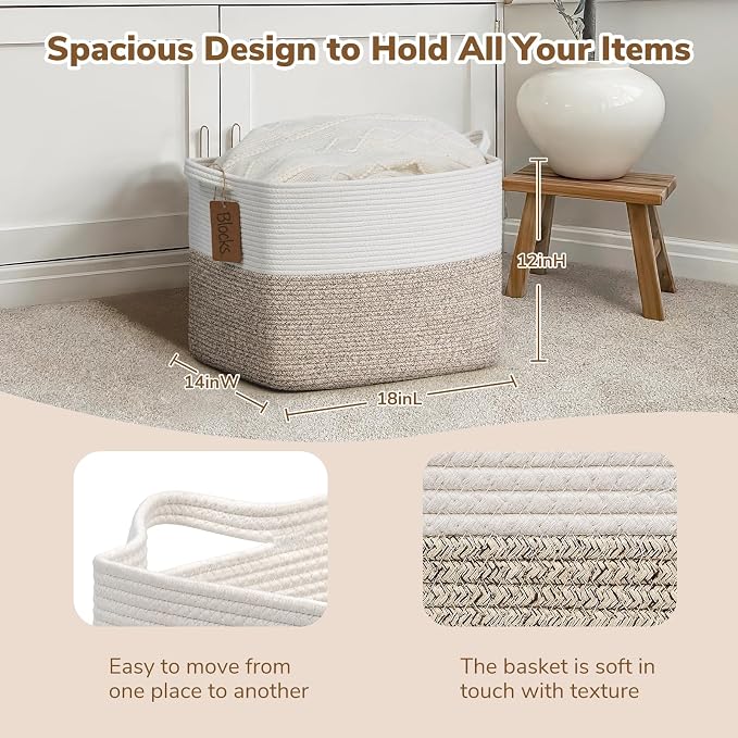Goodpick 50L Large Woven Rope Storage Basket, Rectangle, Light Brown | 18" × 14" × 12" Stylish Gift Baskets for Living Room & Bedroom Organization, Cotton Rope Basket for Blanket & Toy Storage - Image 3