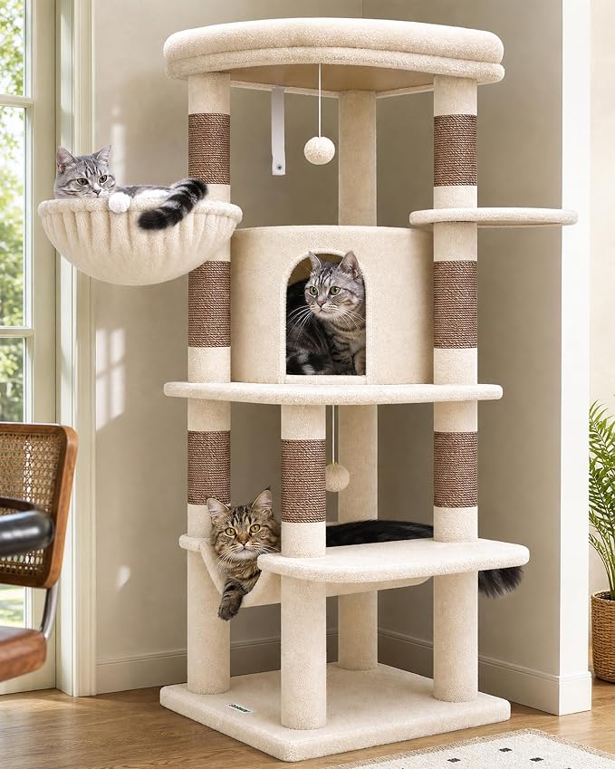 Globlazer Corner Stable Cat Tree Tower with Scratching Post, C51, Beige | 51in Space-Saving Multi-Level Cat Condo for Indoor Cats with Hammock, Large Top Perch for Large Cats, Cozy Cat Cave by Globlazer