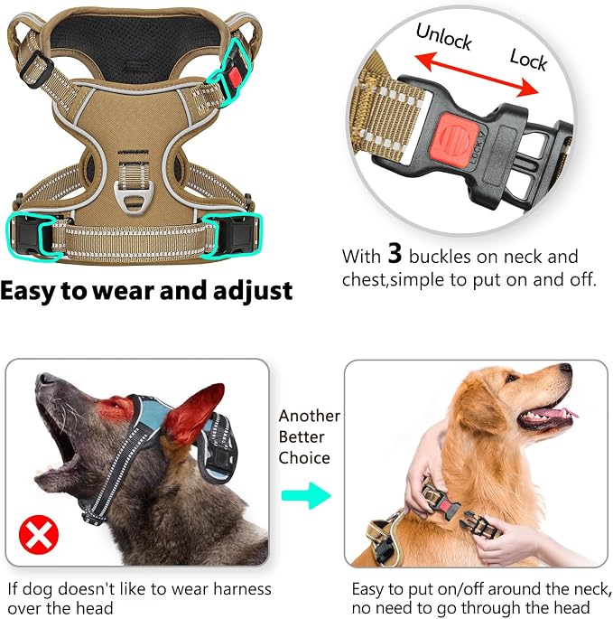 Timos Dog Harness, Front Clip No Pull Medium Sized with Handle, Khaki, M | No Choke, Adjustable Reflective Soft Padded, Quick Release 3 Buckles, Easy On & Off, Front & Back 2 Clips for Outdoor Walking - Image 3
