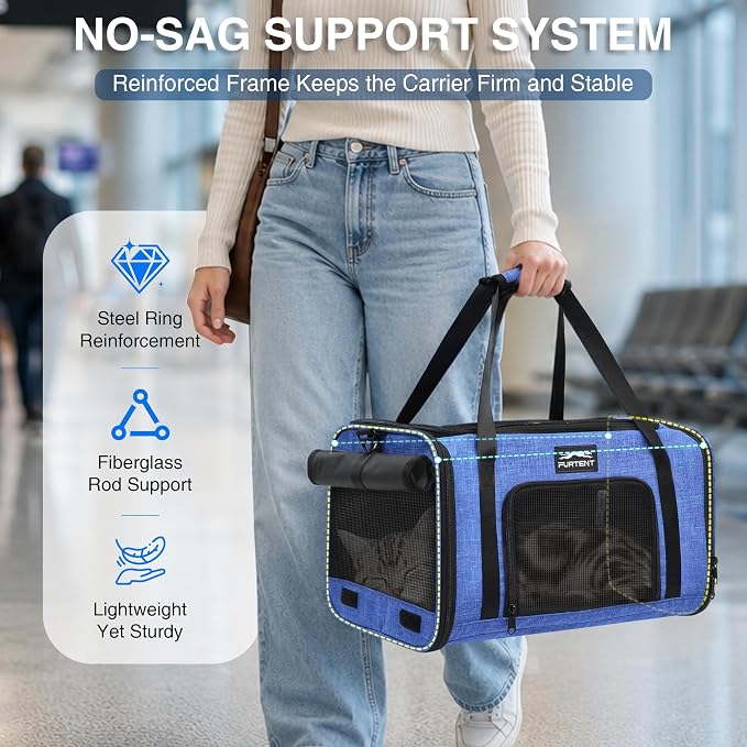 Pet Carrier for Small Dogs & Cats, Airline Approved, Lightweight, Foldable, Comfortable Travel Bag with Plush Cushion & Extra Storage (Blue) - Image 2