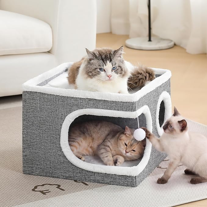 Cat Houses for Indoor Cats, Large Covered Cat Bed Cave, Grey, 16in | Foldable Kitten Bed House with Fluffy Ball and Scratch Pad, Large Cat Condo for Multiple Pets, Cat Hideaway, 16x16x13 inches - Image 7