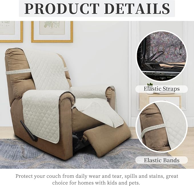 ISSUNTEX Double Protection 100% Waterproof Recliner Covers for Living Room, Reversible Furniture Protector Recliner Couch Sofa Slipcover for Dogs, Pets, Kids (Recliner, Ivory/Ivory) - Image 5