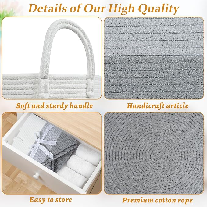 67L Large Woven Blanket Basket, Cotton Rope Baby Laundry Hamper with Handles, Kids Toy Basket for Classroom & Nursery, Soft Round Stuffed Animal Storage, Dog Toy Bin - 20"x13", Gray - Image 7