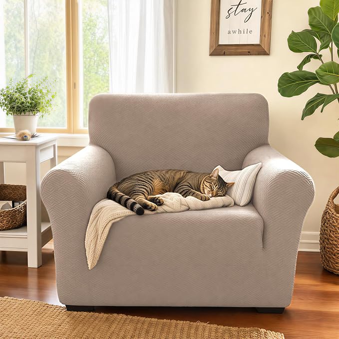 XINEAGE Stretch Jacquard Armchair Cover, Non Slip Sofa Slipcover for Dog | High-Stretch Fabric. Wear-Resistant, Pet Friendly. Easy Install & Washable for Living Rooms, Offices.Khaki - Image 3