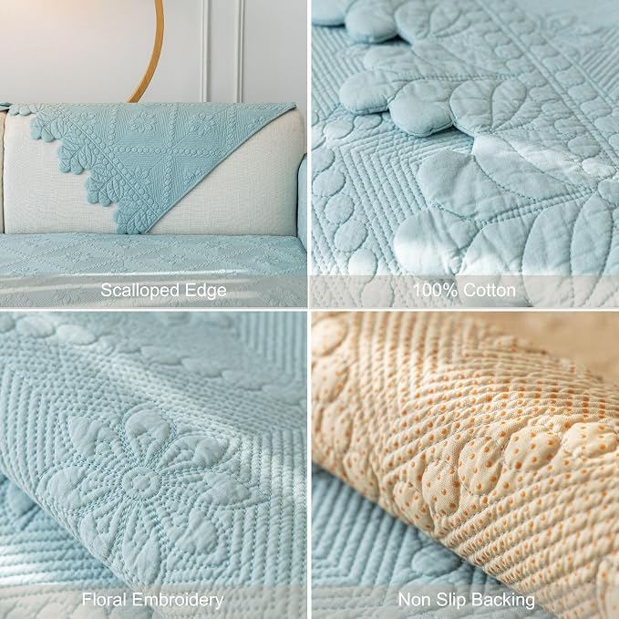 Cotton Quilted Dog Couch Cover for Sofa Farmhouse Rustic Embroidery Sectional Couch Cover Soft Anti-Slip Sofa Slipcover Furniture Protector for Kids, Pets (Blue,36"x63") - Image 7
