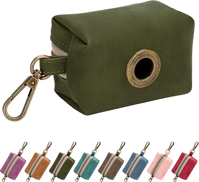 Didog Dog Poop Bag Holder for Leash, Stylish PU Leather, Dark Green | Easy Clean for Daily Walking, Quick to Install on Leash & Harness, Easy-Pull with Metal Clip, Includes 1 Roll Pet Waste Bag by Didog