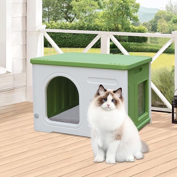 Plastic Cat House Outdoor & Indoor, Waterproof Feral Cat Houses with Escape Door, Sturdy Outdoor Cat House with Bed Mat, Outside Cat Shelter for Small Pet, Assemble and Clean Easily-Green - Image 8