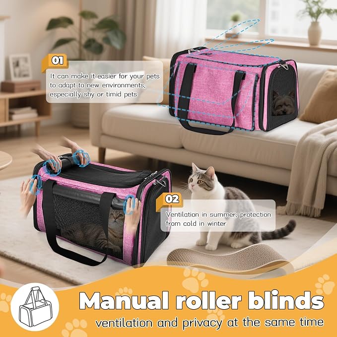 YUDODO 2 Packs 25 lbs Soft Sided Pet Carrier for Large Cat & Small Dog | Airline Approved, Lightproof Breathable Design, Side Pockets, Durable Mesh, Foldable and Portable, Pink+Grey Green - Image 4